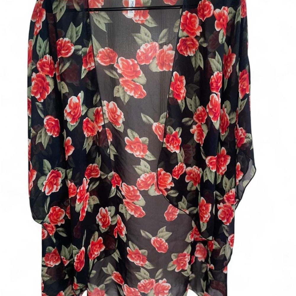 Black Sheer Kimono with Red Rose Design